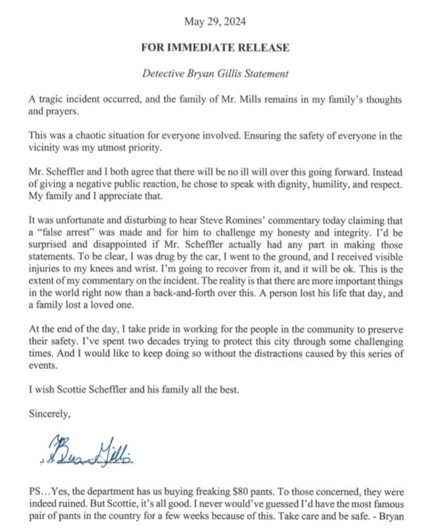 Detective Gillis' statement after charges were dropped