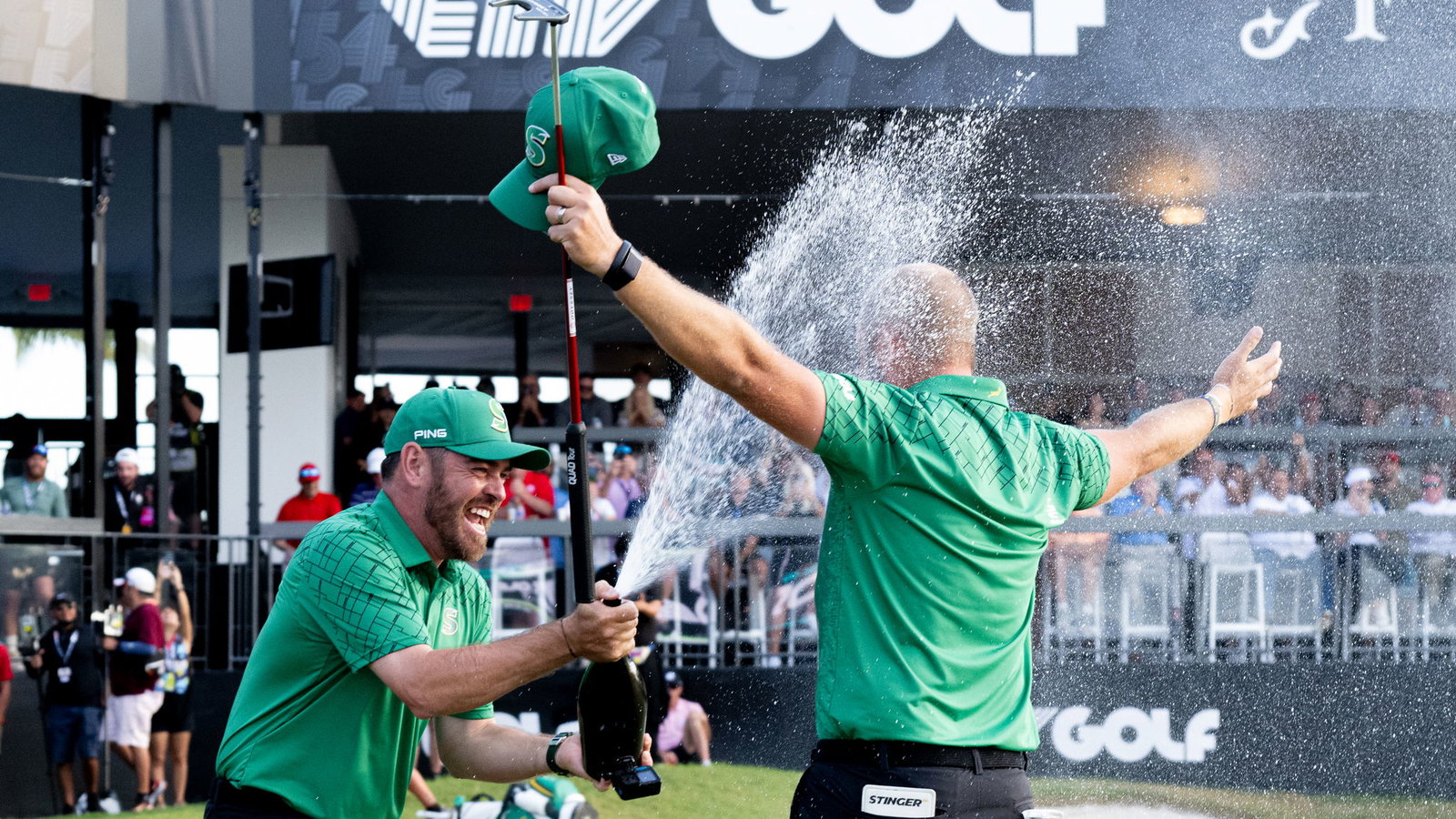 Louis Oosthuizen celebrates with Dean Burmester on LIV Golf