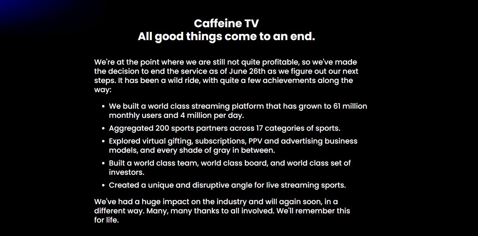 Caffeine TV confirmed it has now shut down