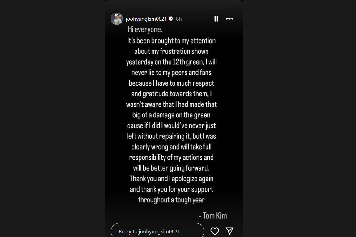 Kim's note of apology for damaging the 12th green