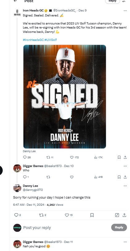 Danny Lee responded to a critic on X
