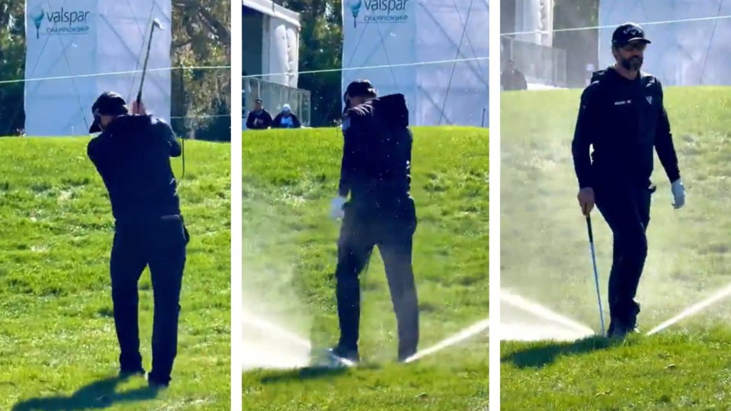 Adam Hadwin set a sprinkler head off