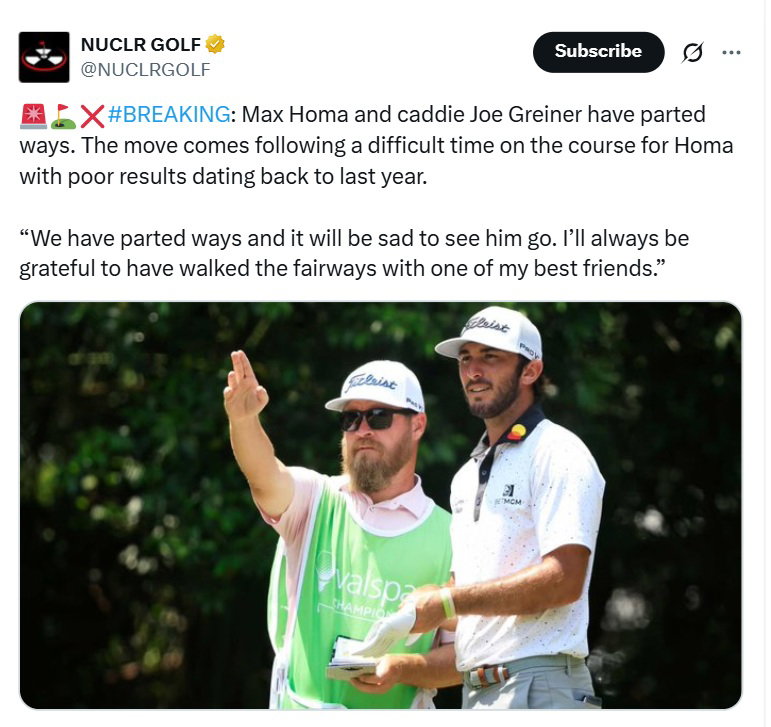 Max Homa splits with Joe Greiner