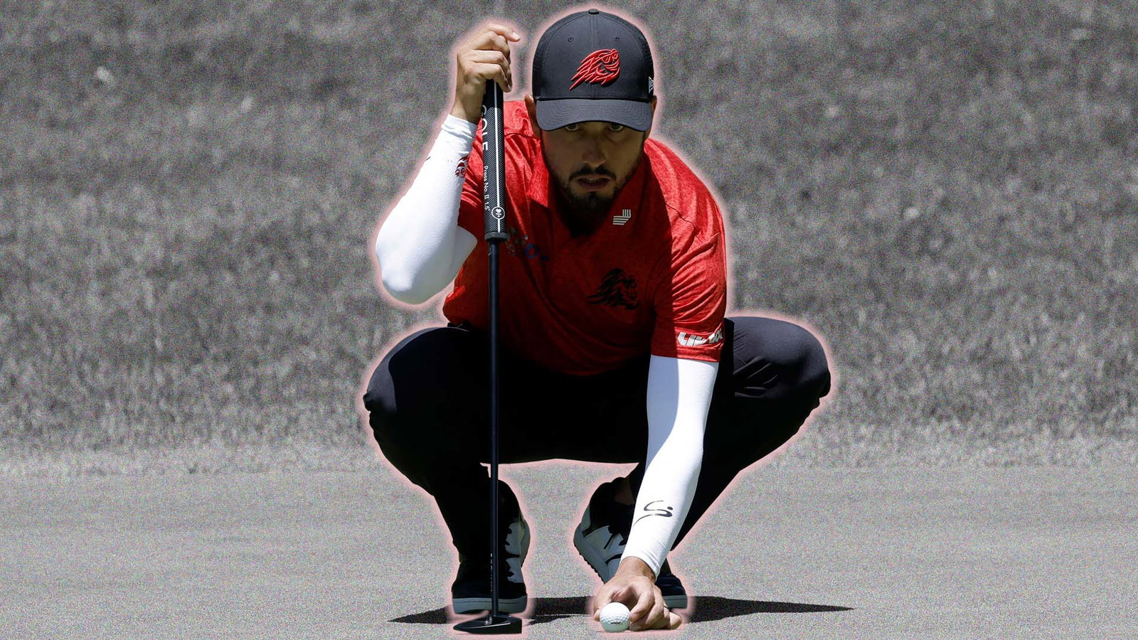 Abraham Ancer lines up a long putt at LIV Golf Andalucia