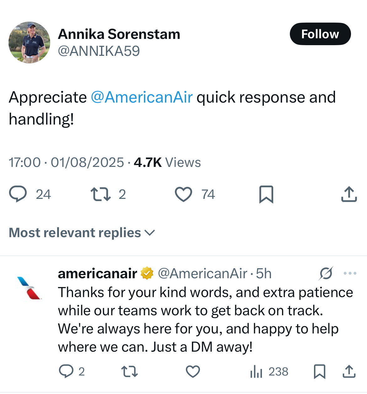Sorenstam finally got a reply