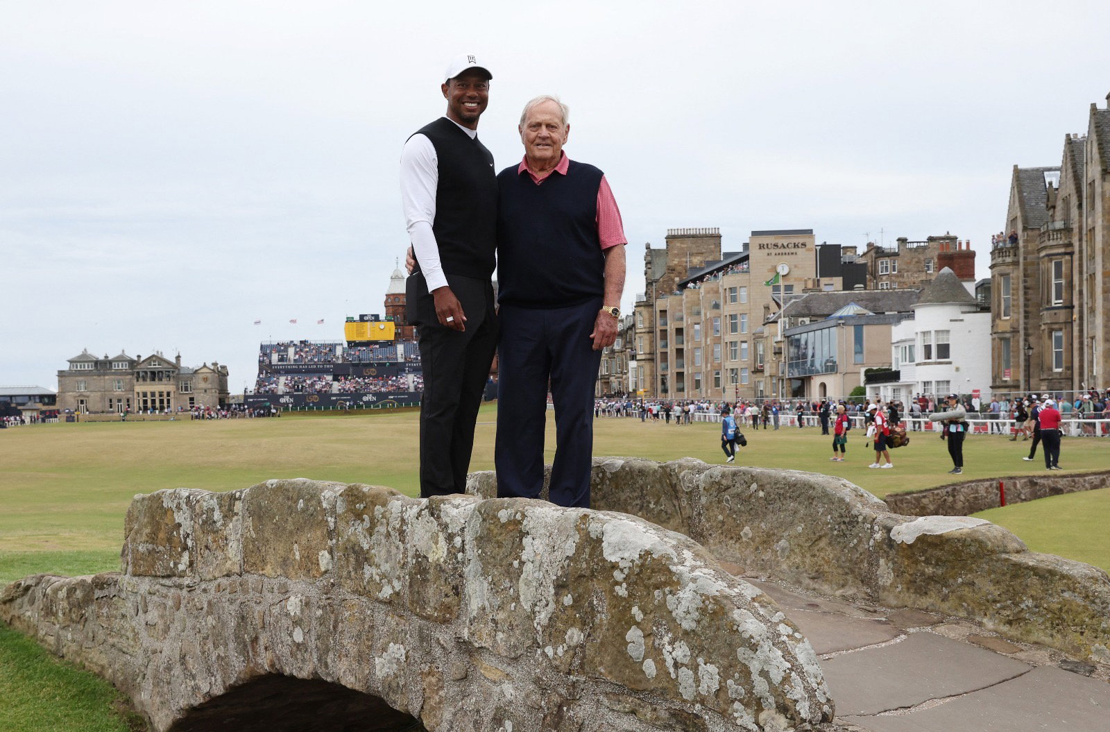 Tiger Woods with Jack Nicklaus on the Swilcan Bridge