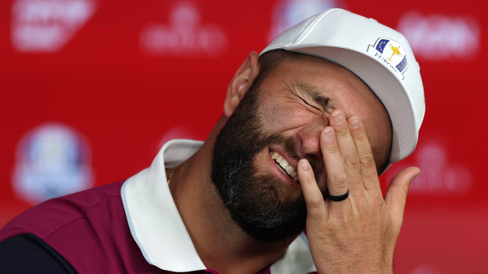 Jon Rahm speaks to reporters before the 2025 Ryder Cup