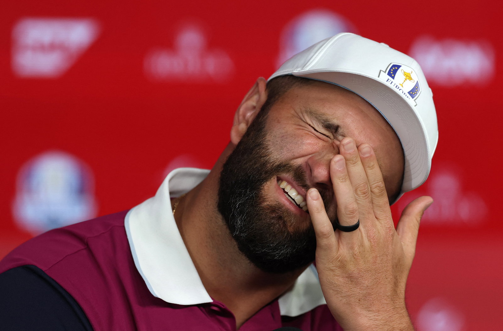 Jon Rahm speaks to reporters before the 2025 Ryder Cup