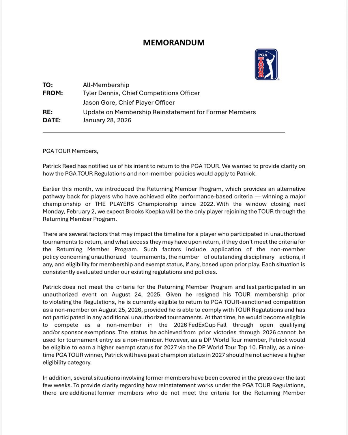 The PGA Tour sent a memo to its members