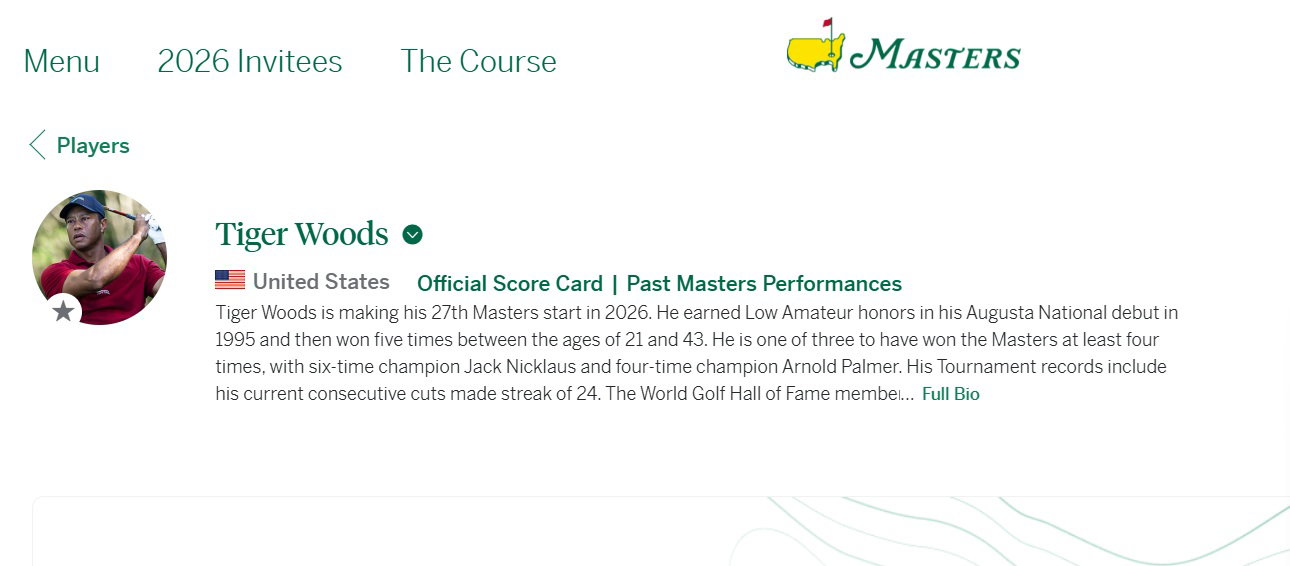Tiger Woods refreshed bio on Masters website