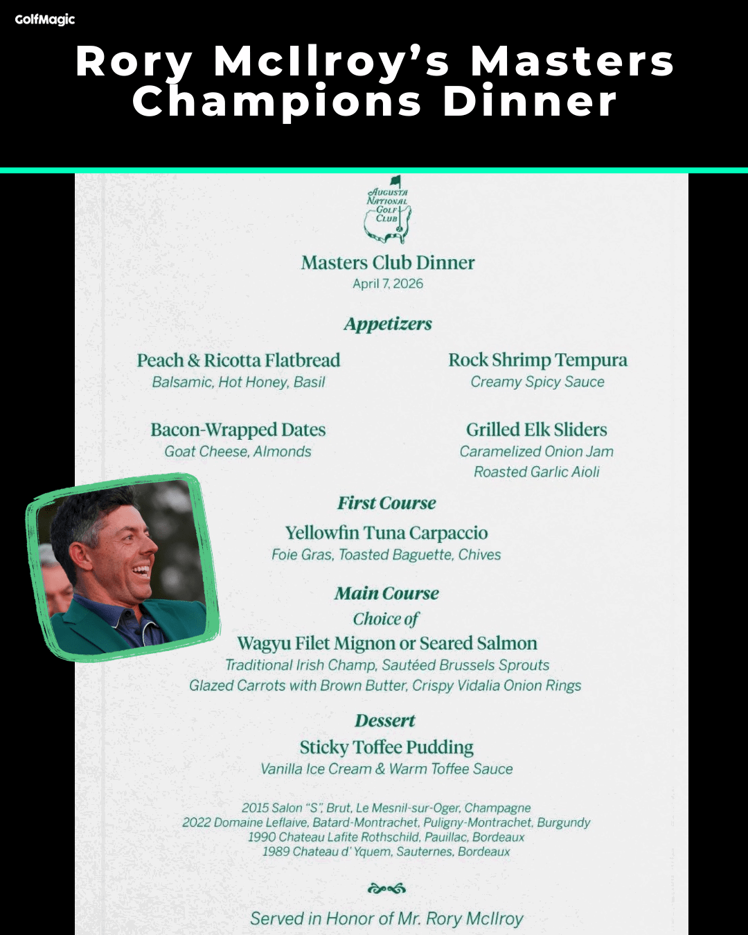 McIlroy's Masters Champions Dinner Menu
