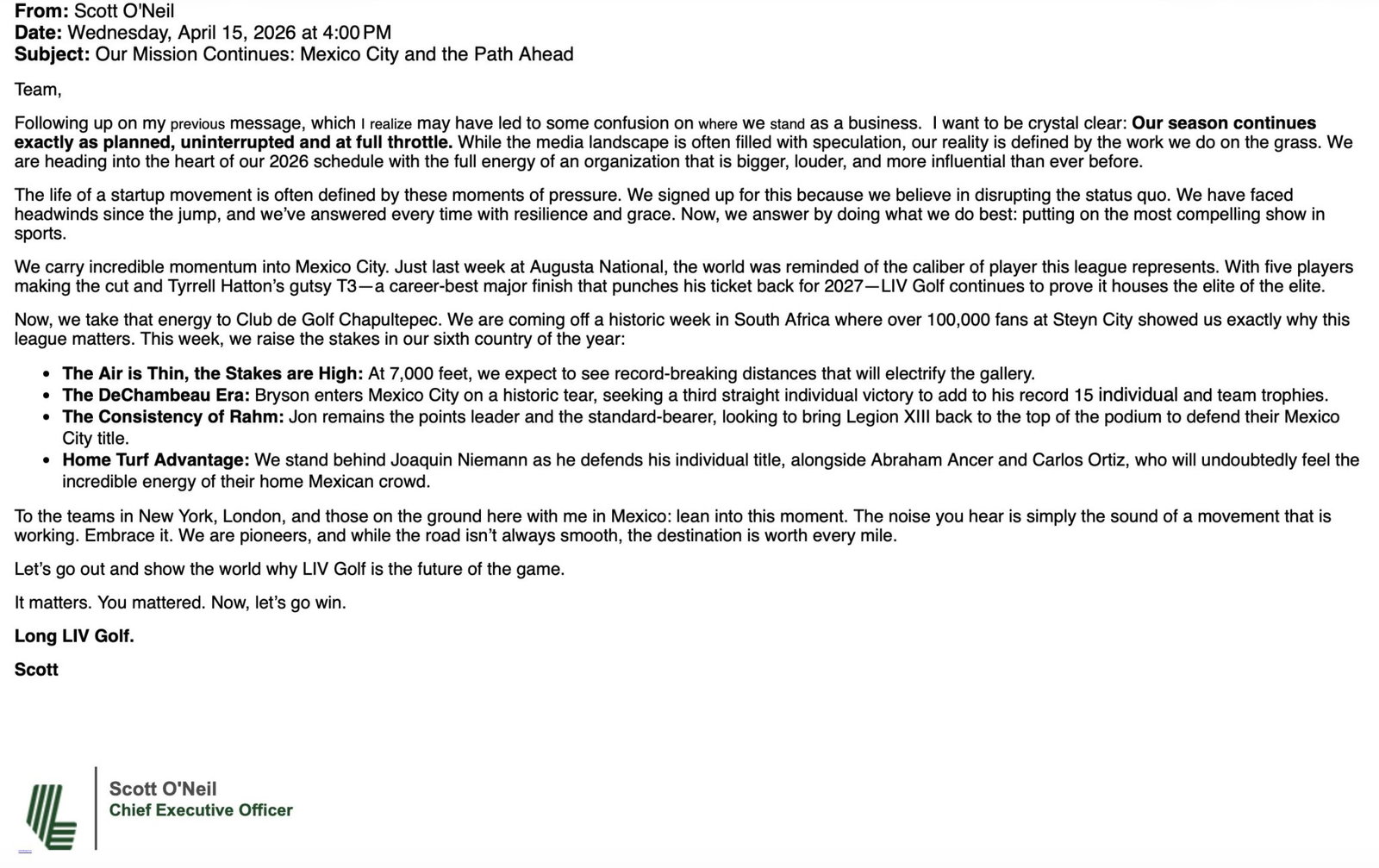 O'Neil email to LIV players (obtained by ESPN)
