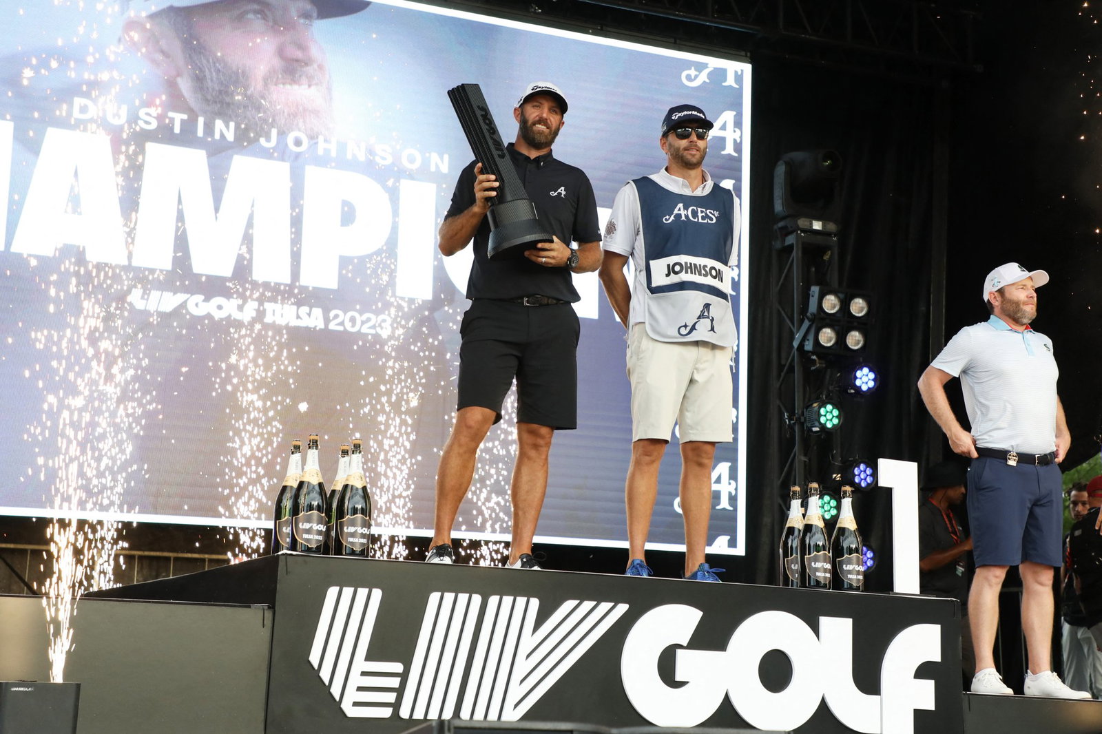 Dustin Johnson celebrates a LIV Golf win