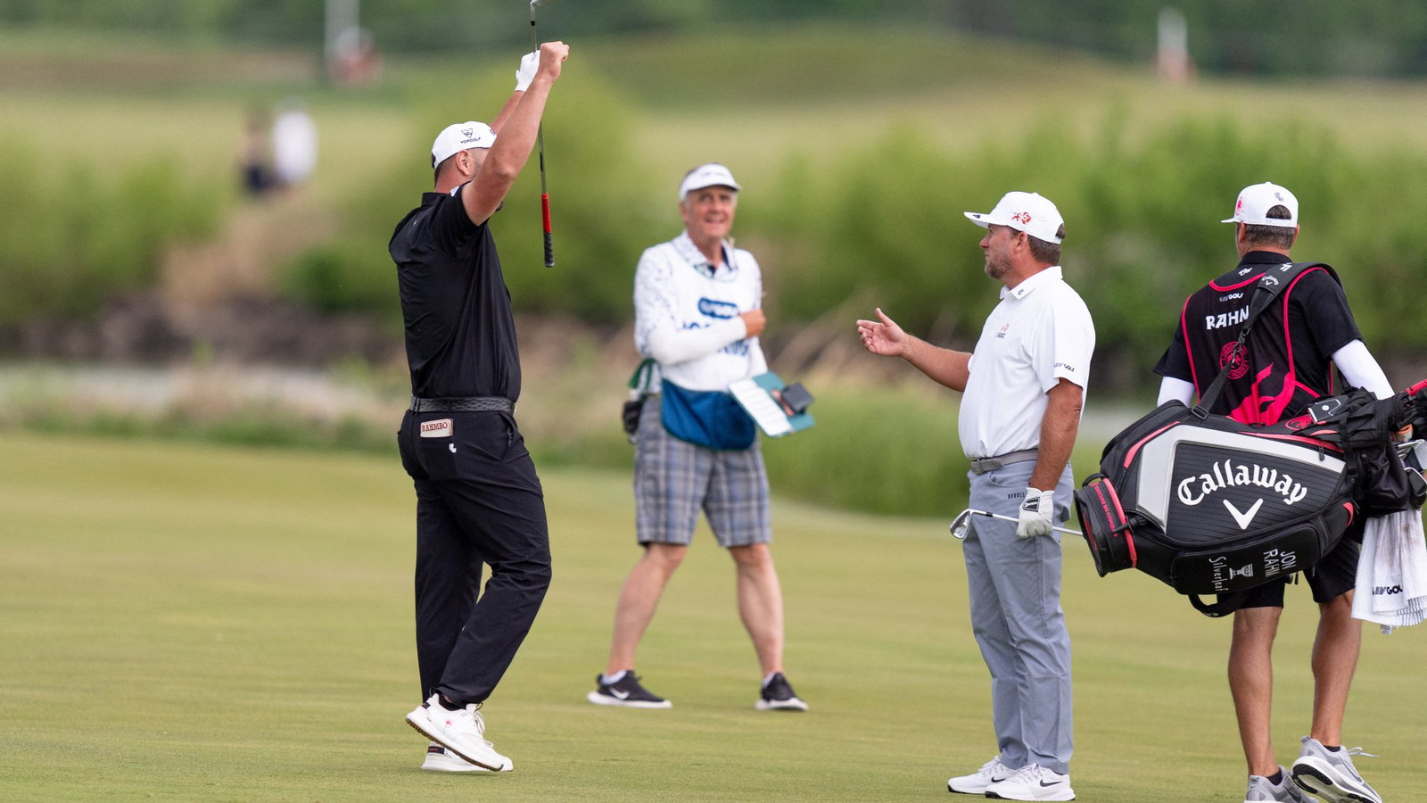 Rahm reacts to a rare albatross on 17