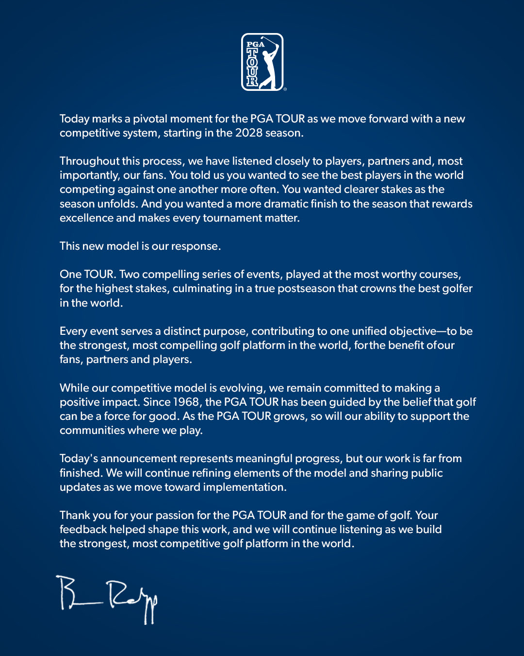 A letter to fans on the future of the PGA Tour