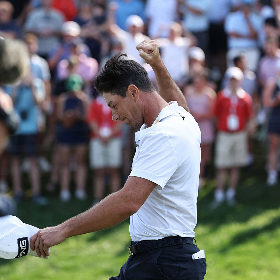 Viktor Hovland celebrates victory at the 2026 Travelers Championship. Image: Reuters