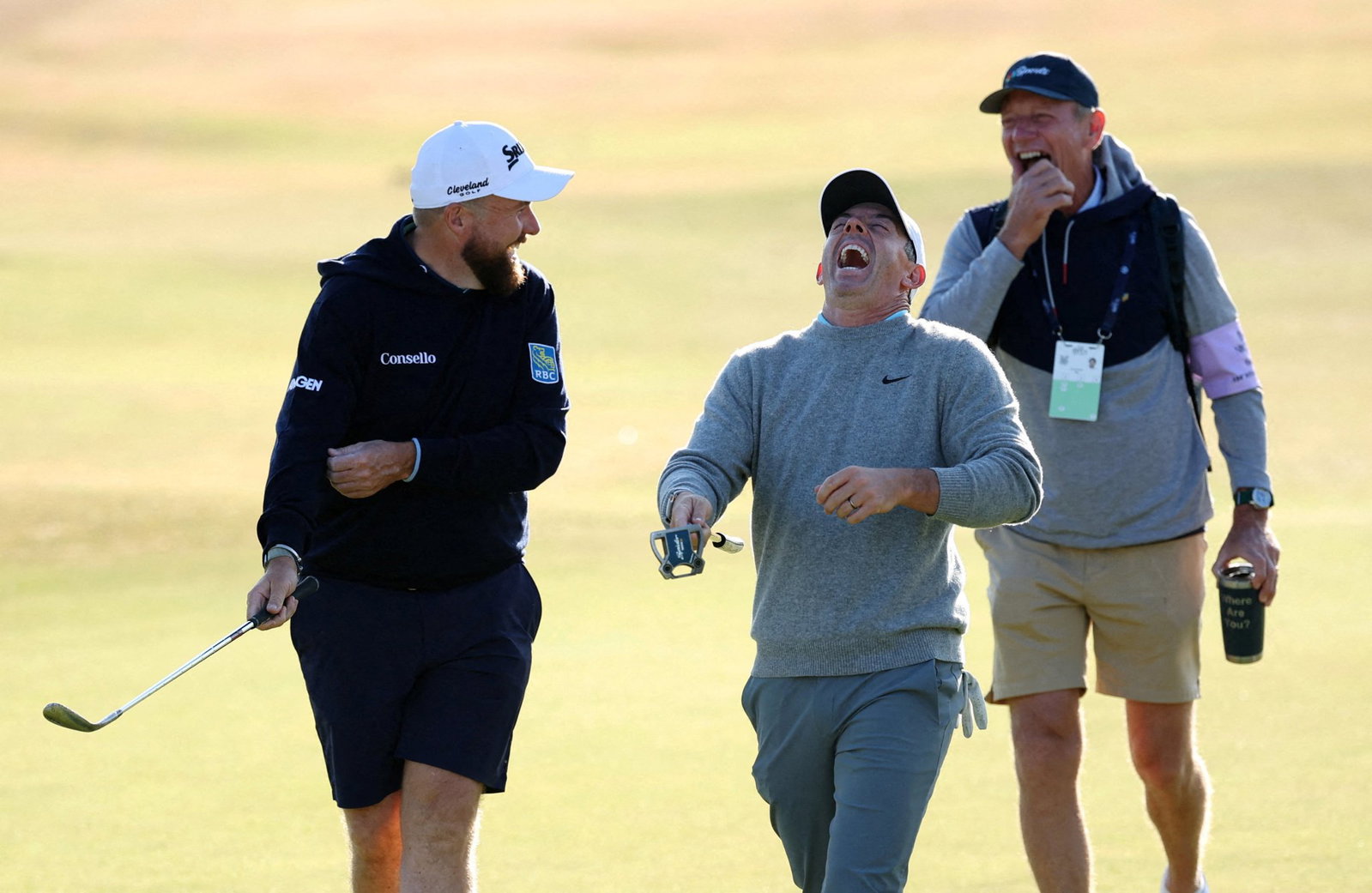 Rory McIlroy shares a joke with Shane Lowry during his practice round at Royal Birkdale on Tuesday