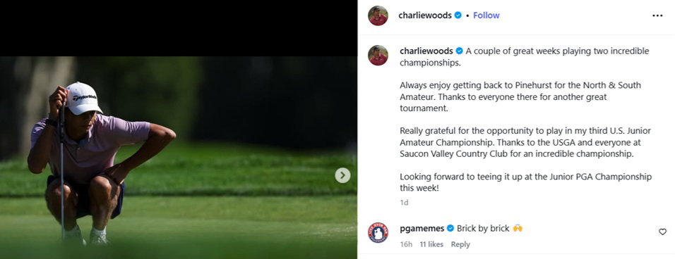 Charlie Woods reacts to his performance at the U.S. Junior Amateur
