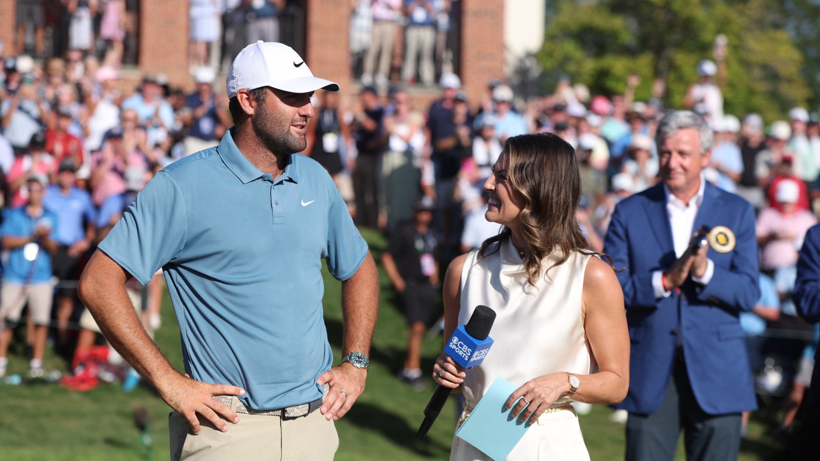 Scottie Scheffler with CBS' Amanda Balionis