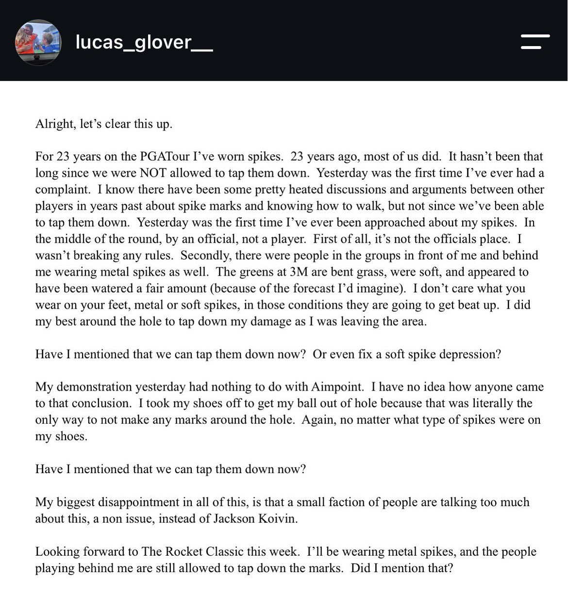 Lucas Glover released a statement about the situation
