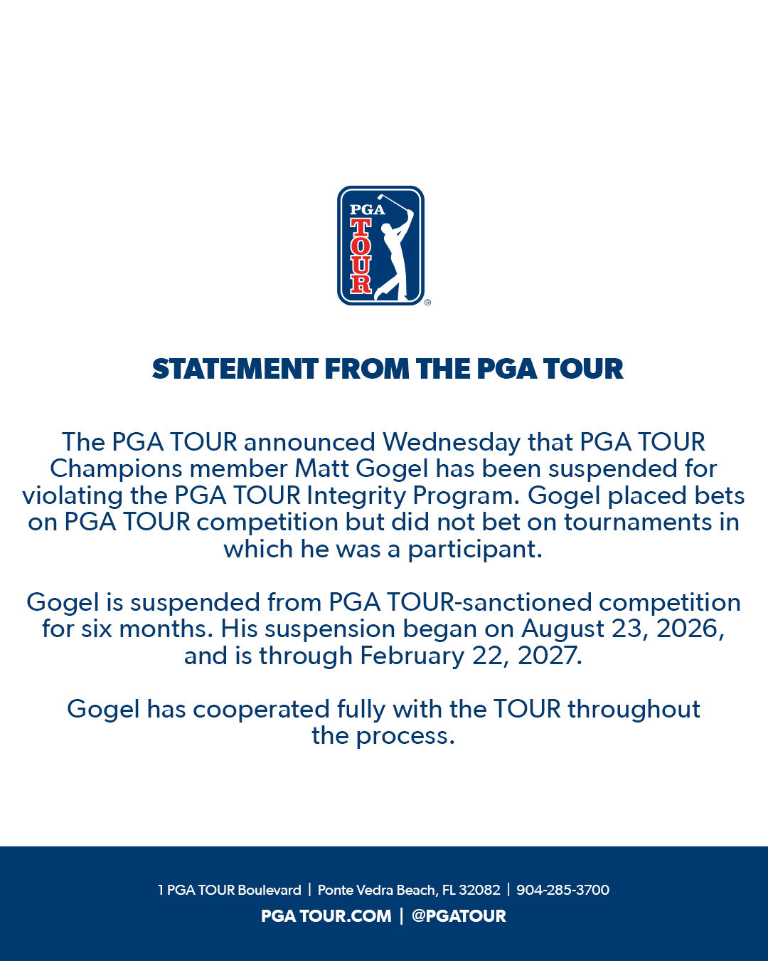 The PGA Tour released a statement on Gogel