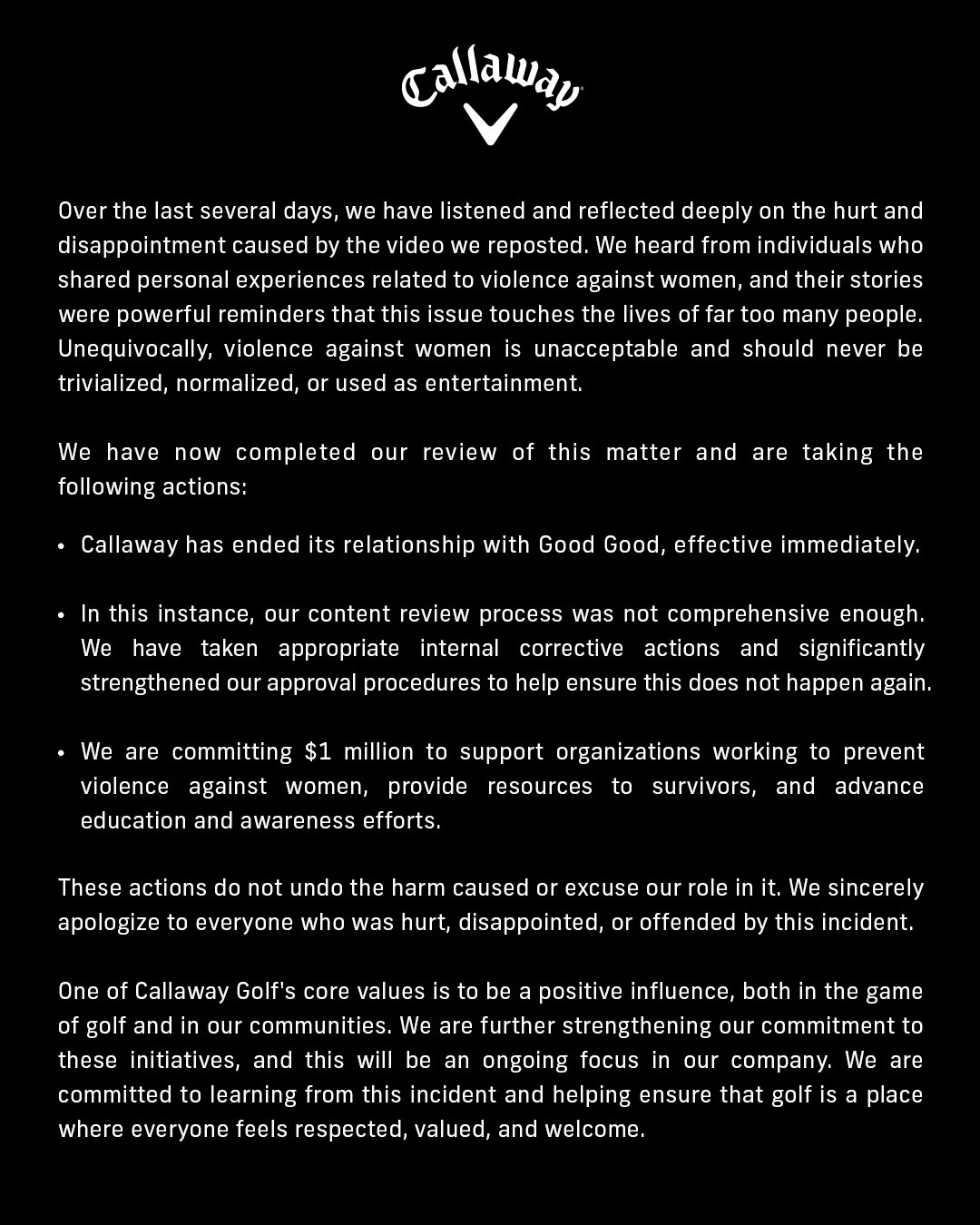 Callaway's statement on social media