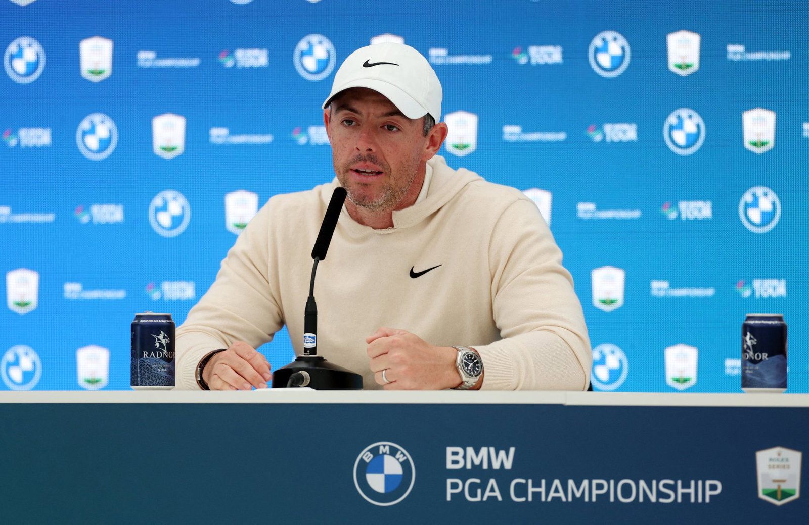 Rory McIlroy talks to media before the 2025 BMW PGA Championship