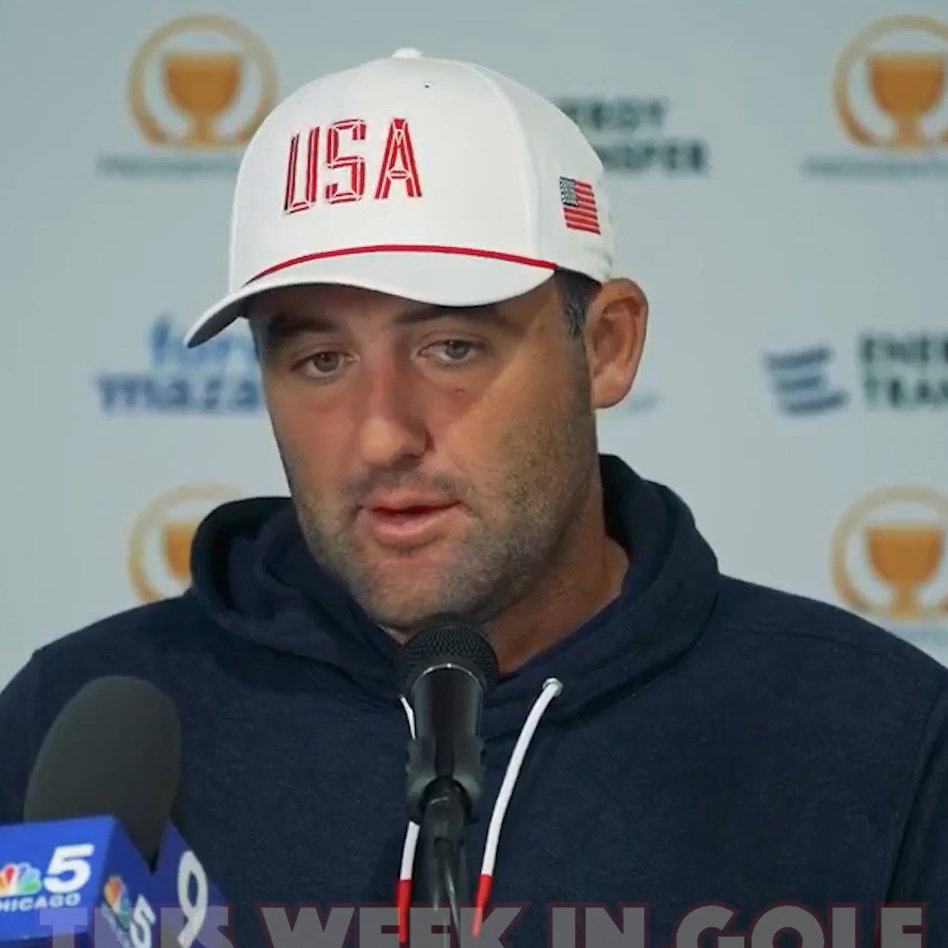 Scheffler speaking to reporters at Medinah