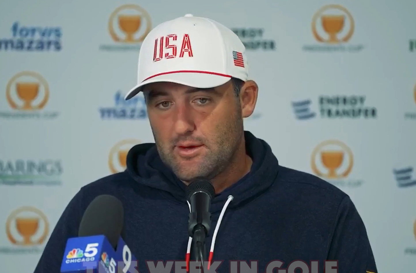 Scheffler speaking to reporters at Medinah