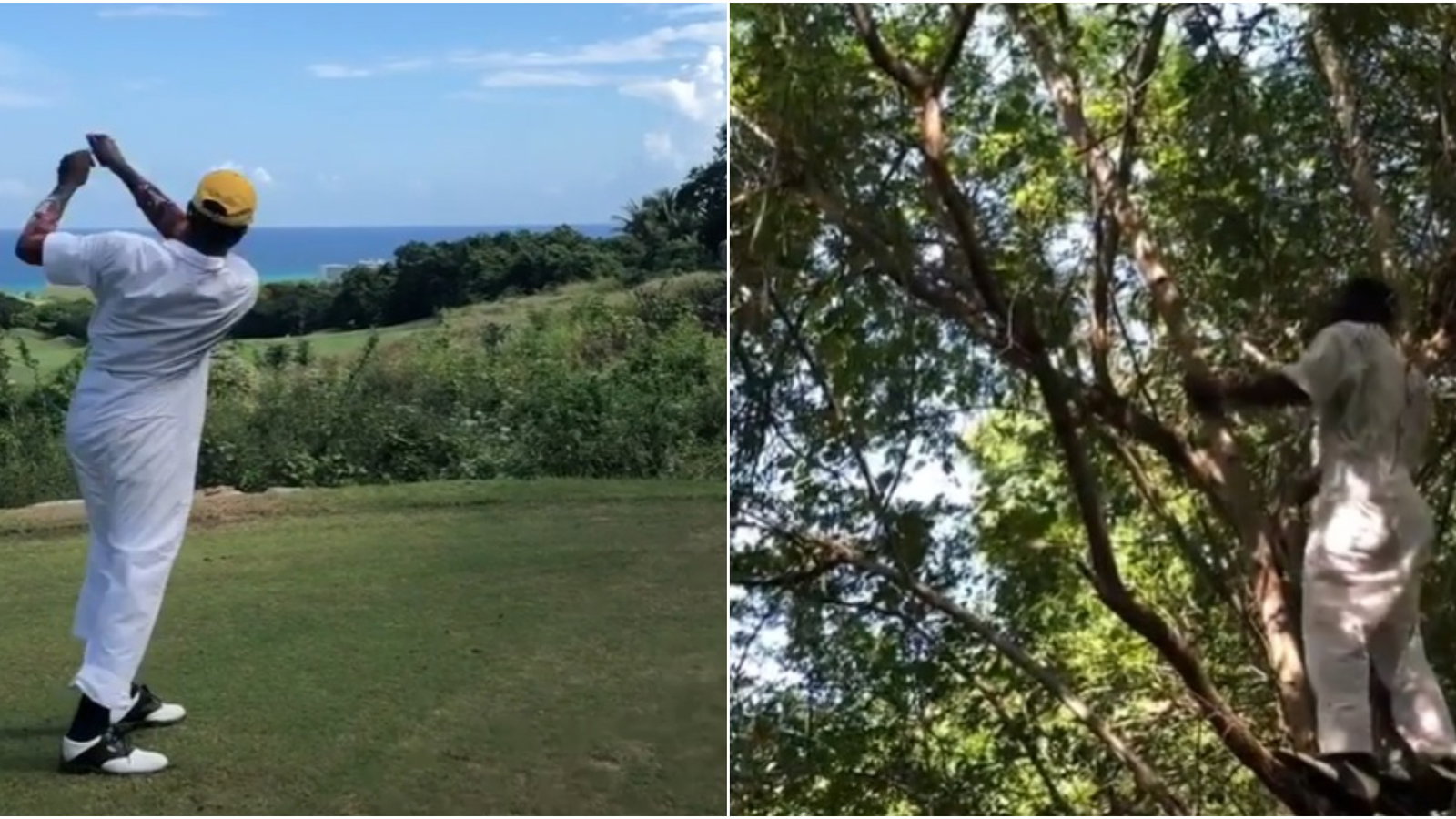 Gloveless caddie loses pro long driver's club UP A TREE when he takes a tee shot