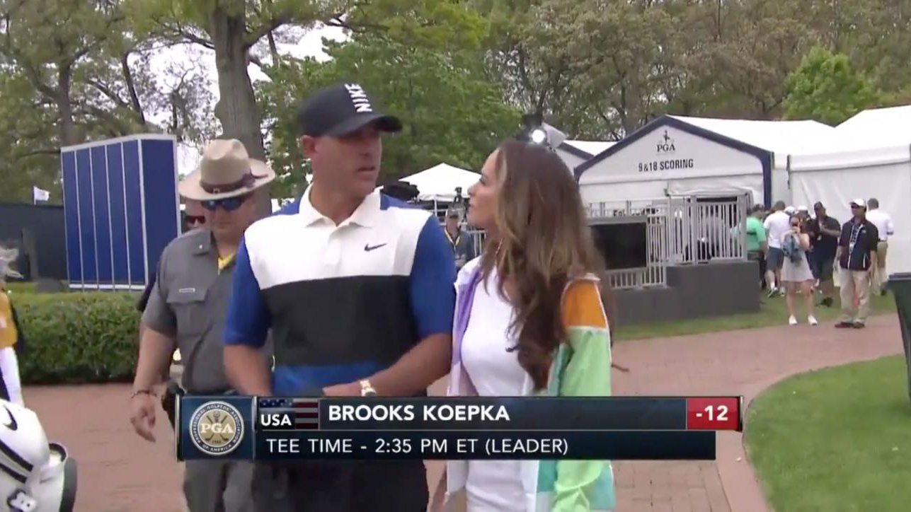 WATCH: Brooks Koepka dodges kiss from girlfriend Jena Sims at US PGA!