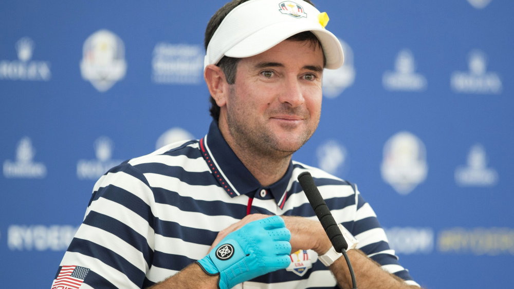 Bubba Watson wears blue glove during press conference at Ryder Cup