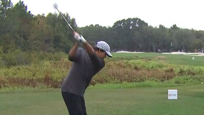 Charlie Woods drives through green at par 4 but Team Woods well off PNC pace