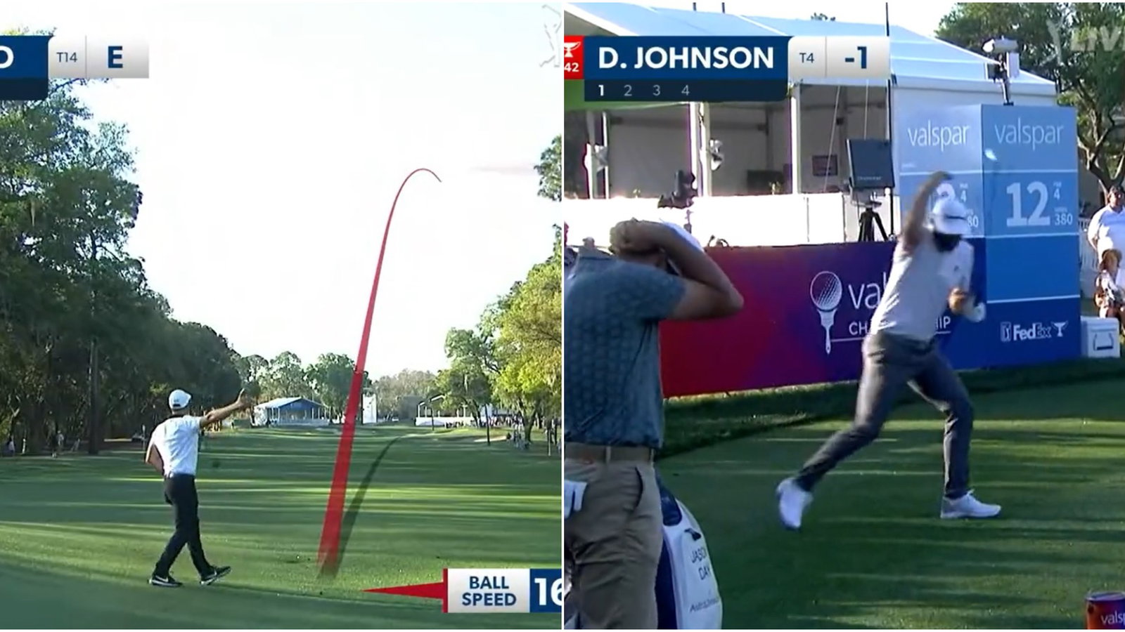 WATCH: Viktor Hovland has Dustin Johnson DUCKING FOR COVER after rogue shot