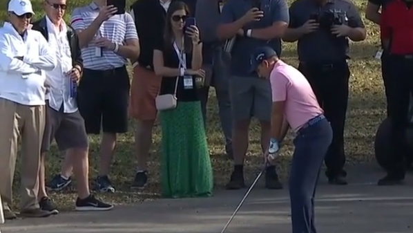 sergio garcia plays shot from cart path in his socks at wgc match play