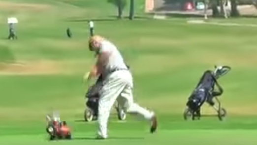 old guys smash remote control car on golf course