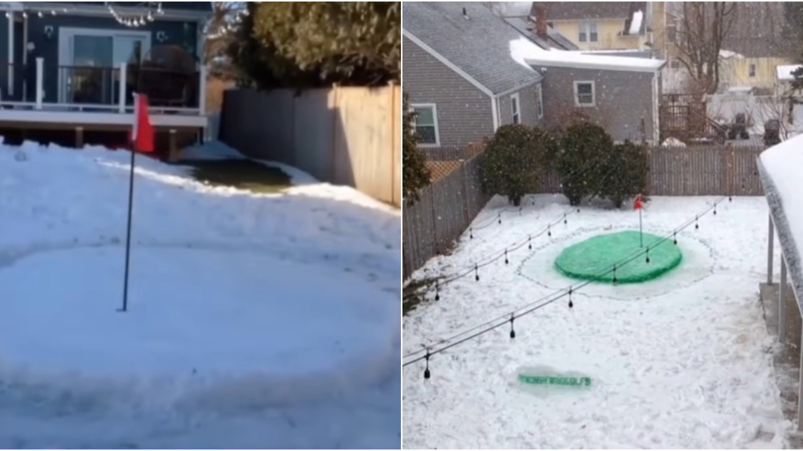 Group of golf fanatics create their own golf hole out of SNOW in awesome clip