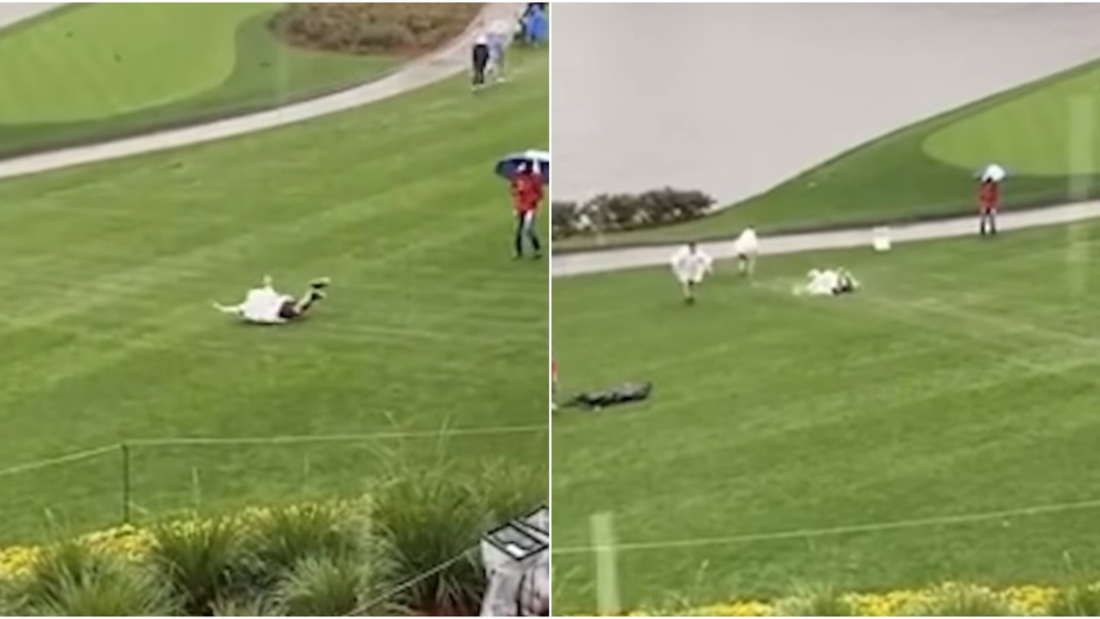 WATCH: Fans at TPC Sawgrass belly slide in the rain at iconic 17th hole