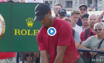 Tiger Woods flips after fan yells out during 18th tee shot at The Open